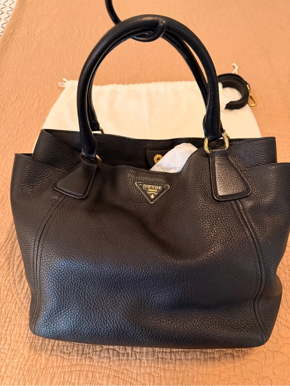 Prada Daino Side Pocket Black Pebbled Leather Tote with Gold Logo
